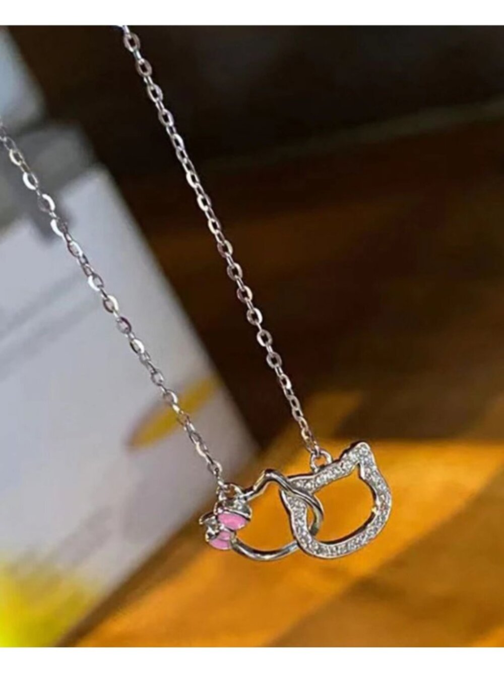 Hello Kitty Double Pendant Ring Necklace Anime Clavicle Chain Pendant Bow Charm